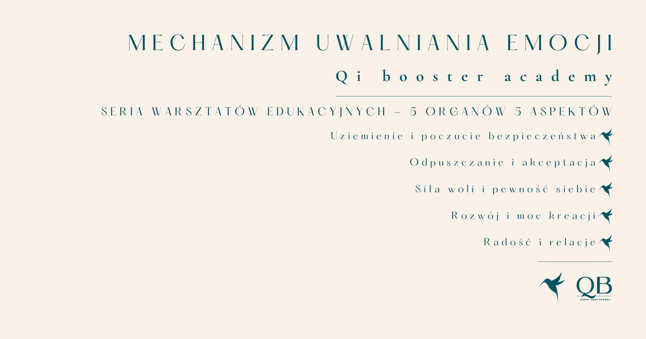 Grafika: Warsztaty Edukacyjne - Uwalnianie Emocji w TCM, Qi Booster Academy. Lista warsztatów.